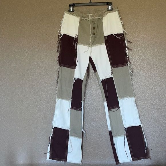 Brown khaki and white Patchwork Jeans size medium - Picture 1 of 6
